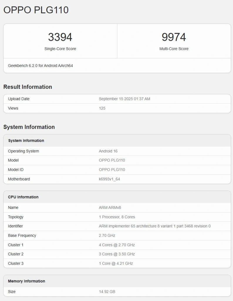 OPPO PLG110 Dimensity 9500 benchmark leak